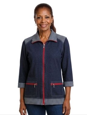 Breckenridge Blue 3/4 Cuffed Sleeve Zip Up Stretch Knit Jacket Size M